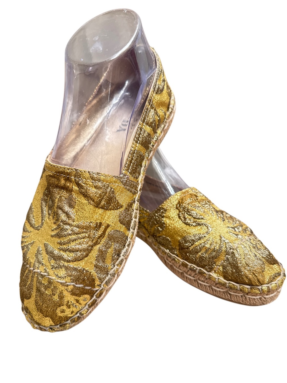 PRADA GOLD BROCADE FABRIC ESPADRILLE FLATS